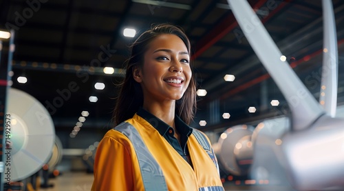 Portrait of happy young female engineer standing in hangar and looking at camera photo