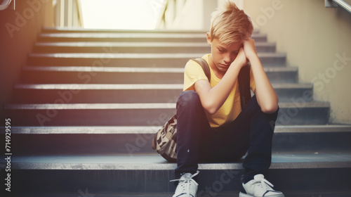 Bullying concept, Depressed boy sitting alone at stairs, Victim of school bullying, Stress and mental problems in childhood photo