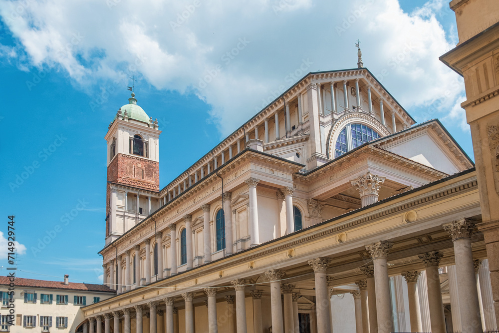 Novara cathedral on Piazza della Repubblica square, Piedmont, Italy. Cattedrale di Santa Maria Assunta with colonnade gallery. Travel destination