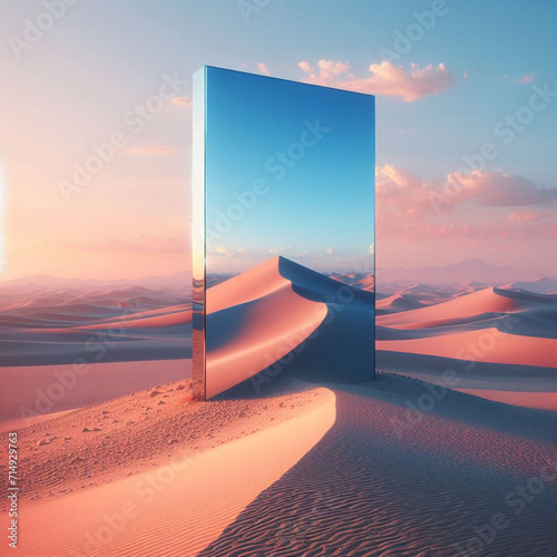 Sunrise and sunset, moon and a frame, a surreal sphere displays desert and ocean views reflecting from the mirror framed in sculpture generated ai