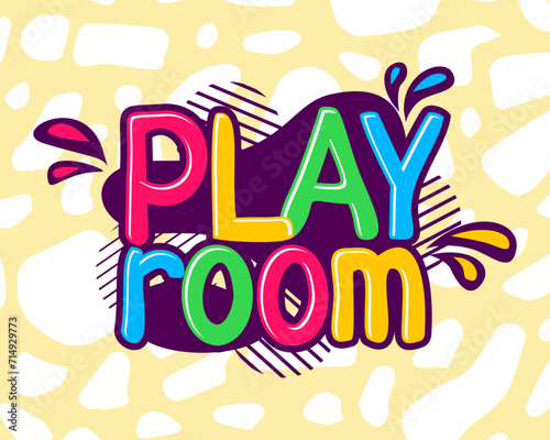 Play room logo. Kids zone lettering. Children entertainment area. Fun activity playground sticker. Colorful isolated badge with bright text. playroom sign. Vector cartoon flat illustration
