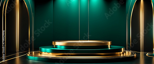 Elegant green and golden podium in a room with spotlights for product showcase. Mockup design. Banner format.