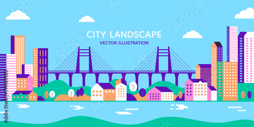 City buildings. Green town cityscape with skyline and urban trees, urban environment, river home and lake at park. Modern architecture. Midtown landscape. Day panorama. Vector flat background