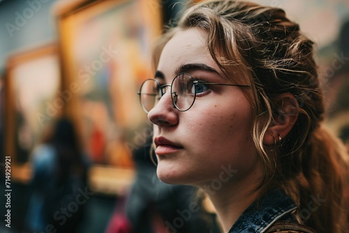 Introspective young woman with spectacles observing exhibit while viewers admire artwork in the backdrop, representing Museum Day.