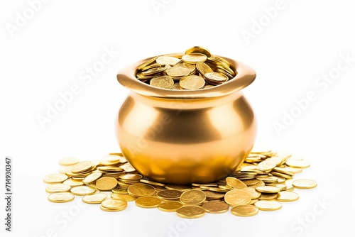 gold coins inside a pot of gold, white background 