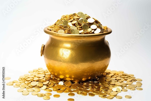 gold coins inside a pot of gold, white background 
