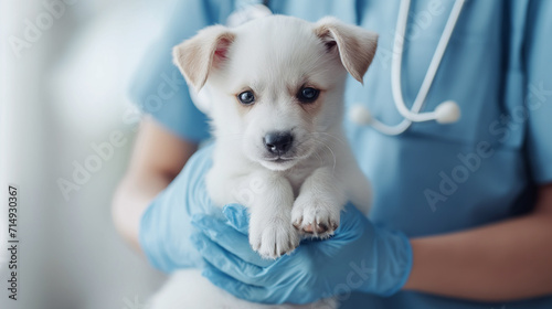 Veterinarian with a dog. Animal treatment, veterinary clinic. Close-up of a white puppy in the hands of a doctor.