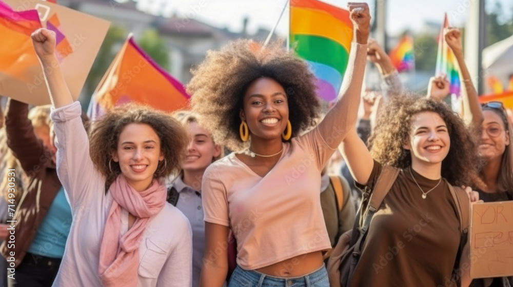 Vibrant young activists at a rally, their faces and banners radiating hope and unity, capture the spirit of positive change, concept: empowered voice
