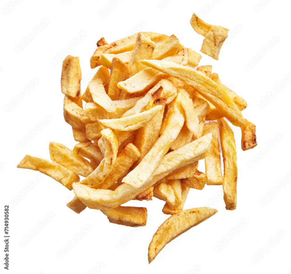 Heap of crispy golden french fries isolated on white background, suggesting fast food and snacking. Heap of crispy golden french fries isolated on white background, suggesting fast food and snacking.