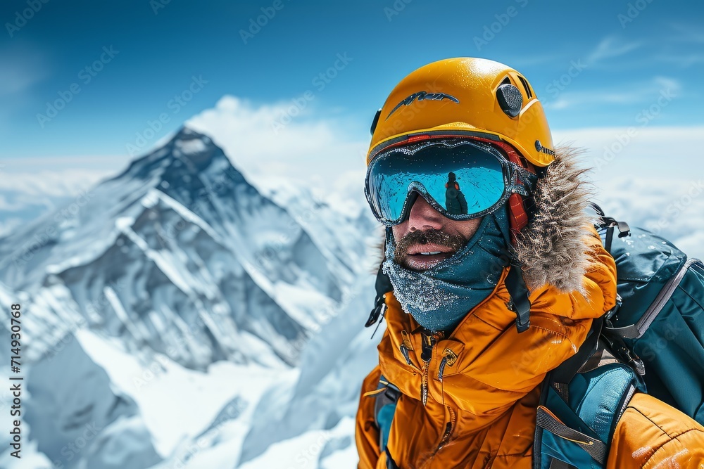 Close-up of equipped mountaineer in high mountain with large peak in background. Adventure concept Close-up of equipped mountaineer in high mountain with large peak in background. Adventure concept