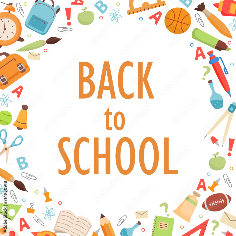 Obraz premium School supplies.Back to school. Education hand drawn symbols. school icon.Design for web, site, advertising, banner, poster.Stationery elements. Office supplies.Sports equipment.Backpack school.
