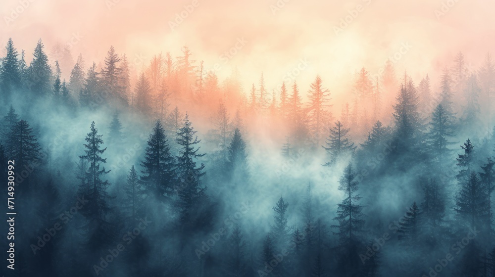 Obraz premium Misty Forest at Dawn, Capturing the Serene Beauty of Nature - Ideal for Nature Enthusiasts, Eco-friendly Brands, and Landscape Photographers - Watercolor, Brushes and Sponges, Cool and Earthy Tones