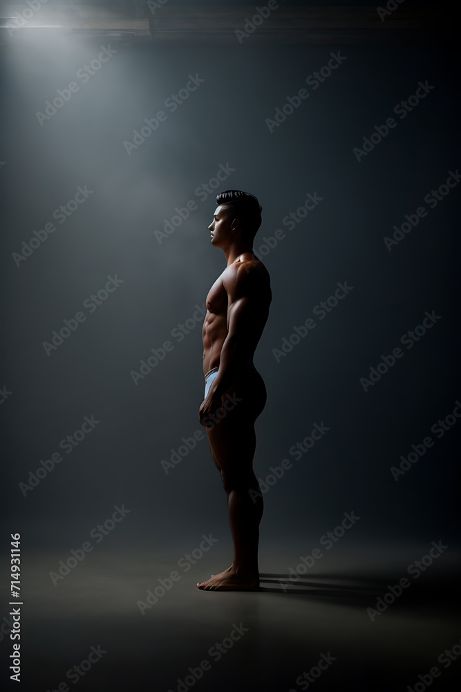 Man Standing in Dark Shirtless, A Glimpse of Mystery and Vulnerability. Generative AI.
