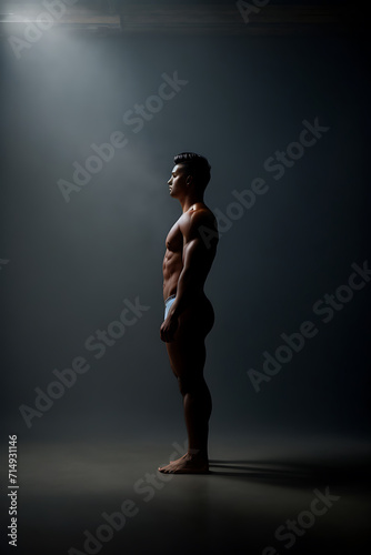 Man Standing in Dark Shirtless, A Glimpse of Mystery and Vulnerability. Generative AI. © theartofphoto