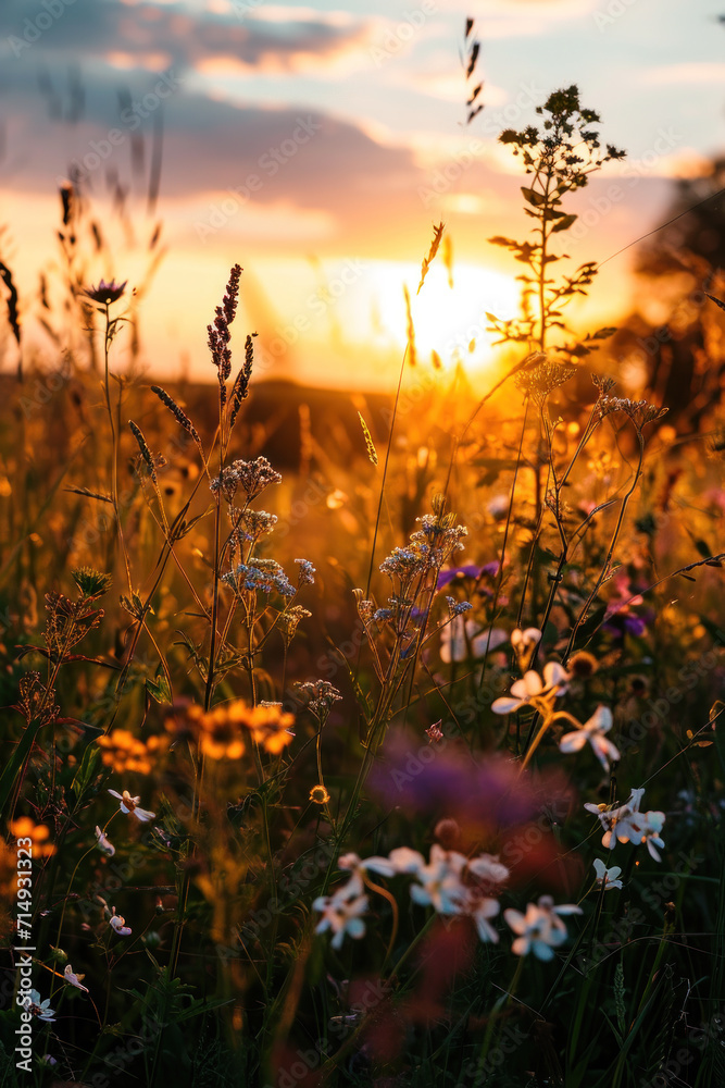 Fototapeta premium The landscape of wildflower blooms in a field, grassy meadow is blurred