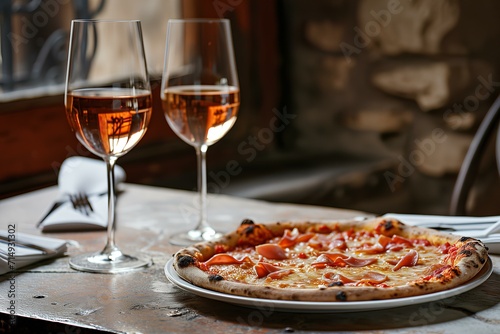A pizza with a golden-brown crust and toppings is on a plate between two glasses of rose wine on a table set with napkins and cutlery.