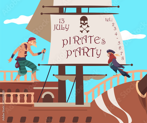 Pirate party invitation banner. Filibuster sailing ship. Kids holiday invite. Buccaneers parrot. Corsair with knife. Caribbean piracy. Wooden boat sails. Vector greeting card design