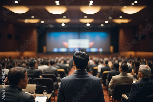 Man Standing in Front of Crowd of People, Speaker Addressing Audience at Conference Event. Generative AI.