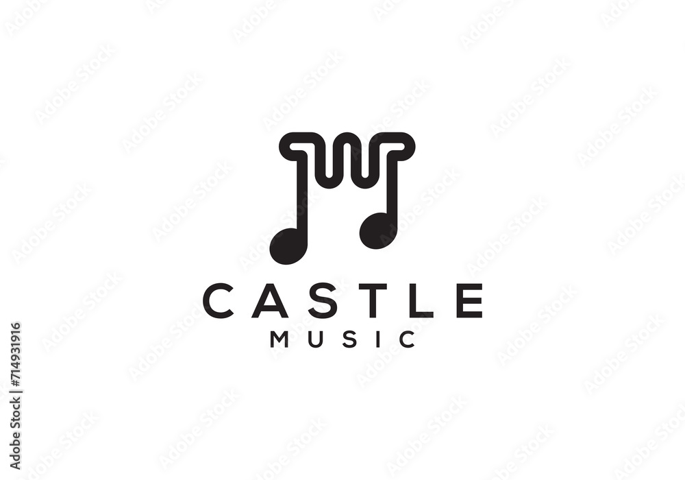 music castle tower logo, creative musical note symbol icon design - obrazy, fototapety, plakaty 