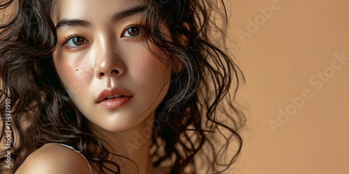 A stunning Asian woman with curly hair and flawless skin showcases copy space on her hand, highlighting her Korean-inspired makeup and facial enhancements on a beige background.