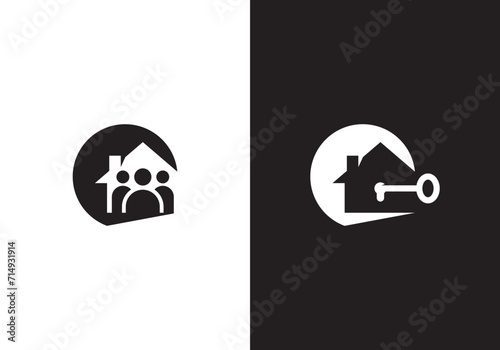 house and people logo design, home key real estate agent simple modern symbol icon template