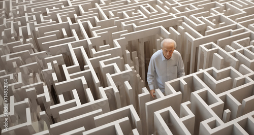Senior man in a massive, intricate maze, symbolizing challenge, choice, and strategy.