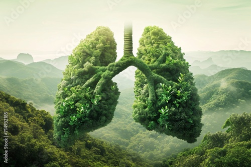 A green lung with a forest in the background Generative AI photo
