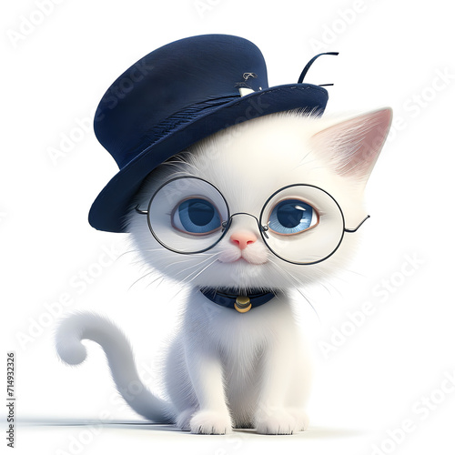 White Persian cat wearing a cute hat in a funny and adorable cartoon illustration