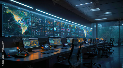 Futuristic office workspace: A modern command center with screens and holographic displays, depicting a high-tech work environment photo
