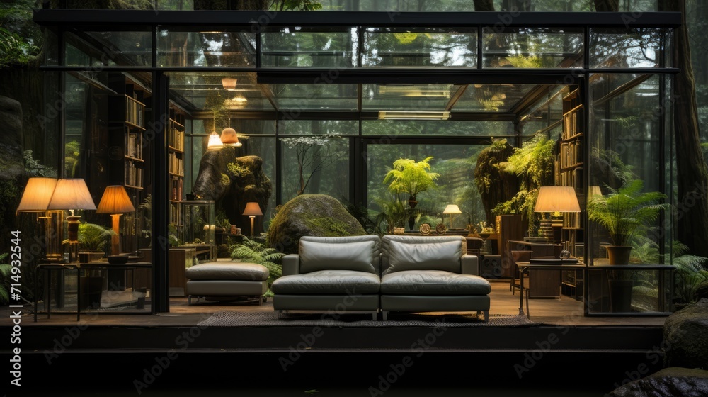 A modular minimalist glass room made of black steel designed for deep in the Amazon rainforest