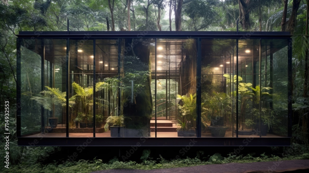A modular minimalist glass room made of black steel designed for deep in the Amazon rainforest