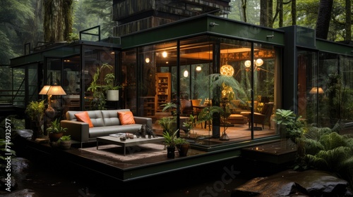 A modular minimalist glass room made of black steel designed for deep in the Amazon rainforest