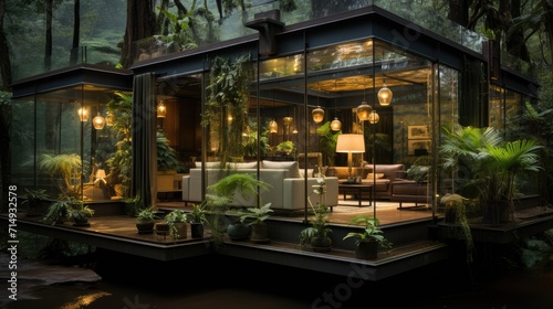 A modular minimalist glass room made of black steel designed for deep in the Amazon rainforest © cristian