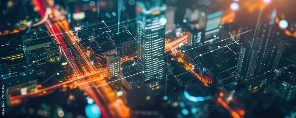 Digital network lines and nodes superimposed on a vibrant night cityscape, symbolizing connectivity - obrazy, fototapety, plakaty 
