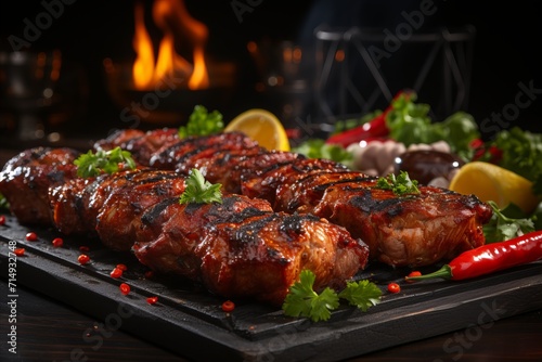 Delicious grilled ribs on wooden board, closeup. Barbecue food