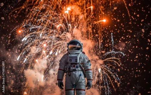 an astronaut in a spacesuit in the middle of a huge number of New Year's fireworks