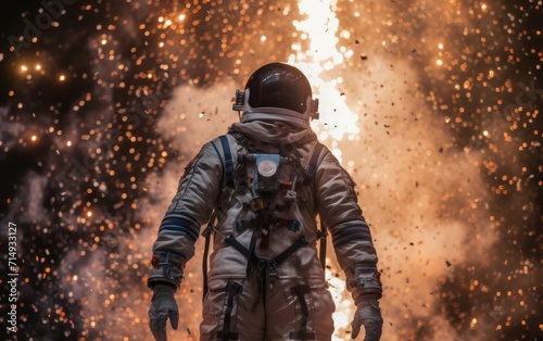 an astronaut in a spacesuit in the middle of a huge number of New Year's fireworks