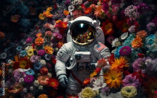 astronaut in a spacesuit in the middle of a huge number of different flowers 