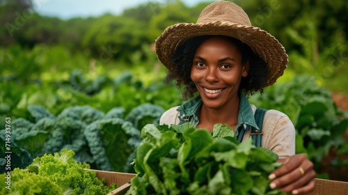Agriculture, farm and portrait of black woman with vegetables, natural produce and organic food in field