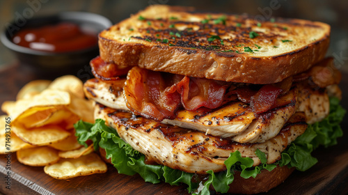 A gourmet sandwich with succulent chicken, crispy bacon, fresh lettuce and potato chips.