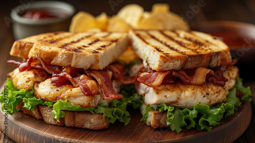 A gourmet sandwich with succulent chicken  crispy bacon  fresh lettuce and potato chips.