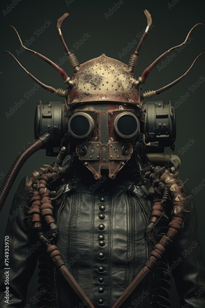 A man wearing a helmet in the style of salvagepunk, made of insects