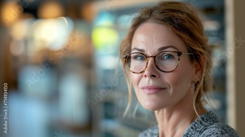 middle aged woman wearing pair of trendy glasses