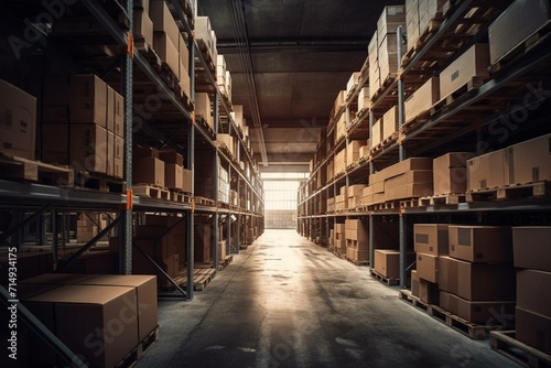 An image of an industrial scene featuring a warehouse or storage area filled with shelves and cardboard boxes. Generative AI