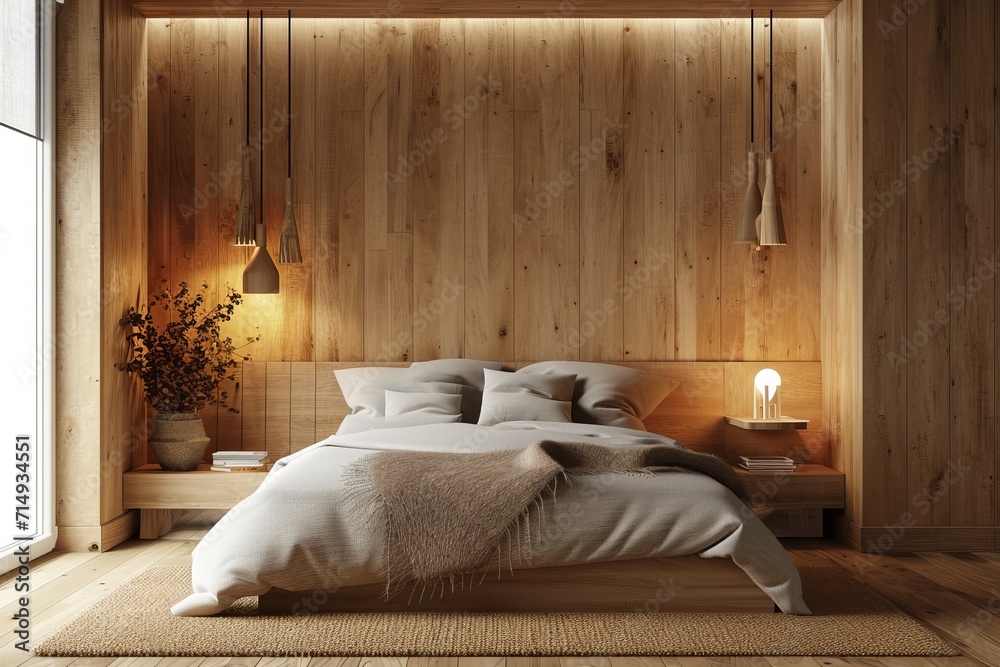 Cozy bedroom in a minimalist Scandinavian style with a bed, pillows and with wooden walls. Cozy bedroom in a minimalist Scandinavian style with a bed, pillows and with wooden walls.