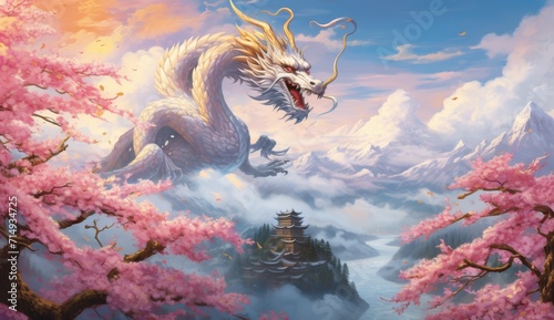 dragon in the clouds with golden blossom trees  © กิตติพัฒน์ สมนาศักดิ