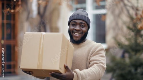 Dark skinned man sending parcel package to customer