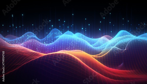 Abstract digital wave pattern with glowing particles. Concept of data, technology, and sound visualization.
