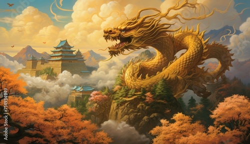dragon in the clouds with golden blossom trees 