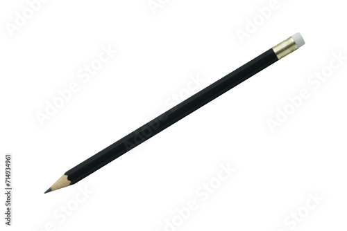 Wooden black pencil at the end there is a white eraser isolated on white background.